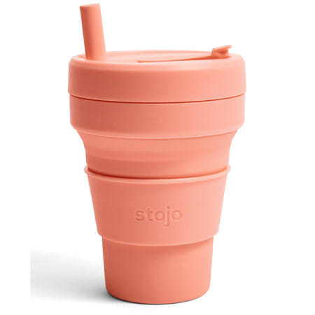 Apricot orange peachy color Stojo cup in 16oz. Front view in white background.