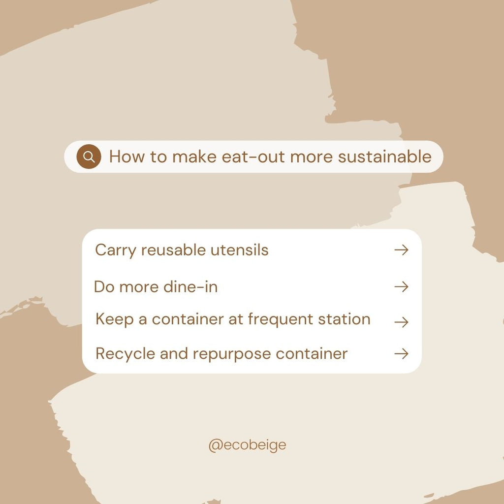 Search bar graphic showing search on "How to make eat-out more sustainable" and a list of suggested tips listed below. Beige themed with paint stroke in the background. Design by Eco Beige