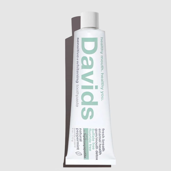 David's Peppermint premium natural toothpaste is made using the highest quality natural ingredients to safely &amp; effectively whiten teeth, fight plaque, and freshen breath.

Davids has now incorporated hydroxyapatite, a calcium-based mineral that makes up 97% of your enamel, 80% of your dentin, and 70% of your bones. The Sensitive+Whitening Toothpaste that has created a revolutionary advancement for those who suffer from sensitive teeth.