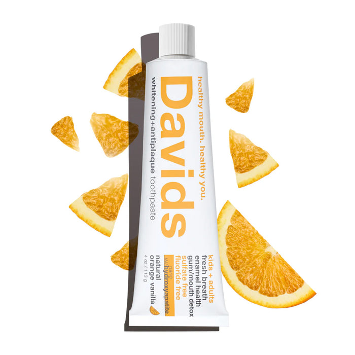 David's Orange Vanilla premium natural toothpaste is made using the highest quality natural ingredients to safely &amp; effectively whiten teeth, fight plaque, and freshen breath.


Davids has now incorporated hydroxyapatite, a calcium-based mineral that makes up 97% of your enamel, 80% of your dentin, and 70% of your bones. The Sensitive+Whitening Toothpaste that has created a revolutionary advancement for those who suffer from sensitive teeth.