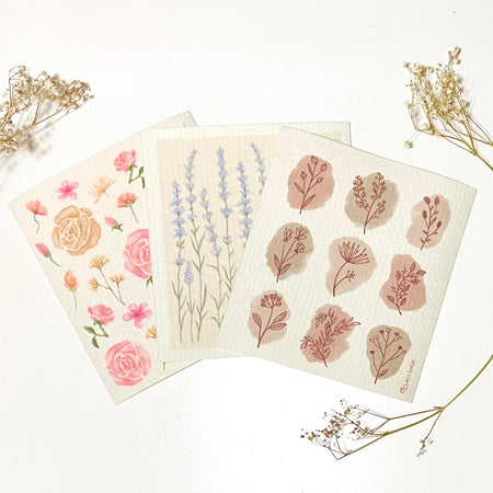 A bundle of 3 beautiful flower design sponge cloths; Lavender, Rose, and Botanicals.  Sponge cloth is one of the most incredible and eco-friendly house cleaning tool. It replaces up to 17 paper towel rolls, preventing lots of single-use waste in the household. The cloth is also super absorbent, great for picking up liquid spill. It is machine washable and dries super quickly leaving no odor behind!