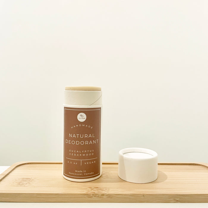 Natural deodorant container on a wooden tray with a white background