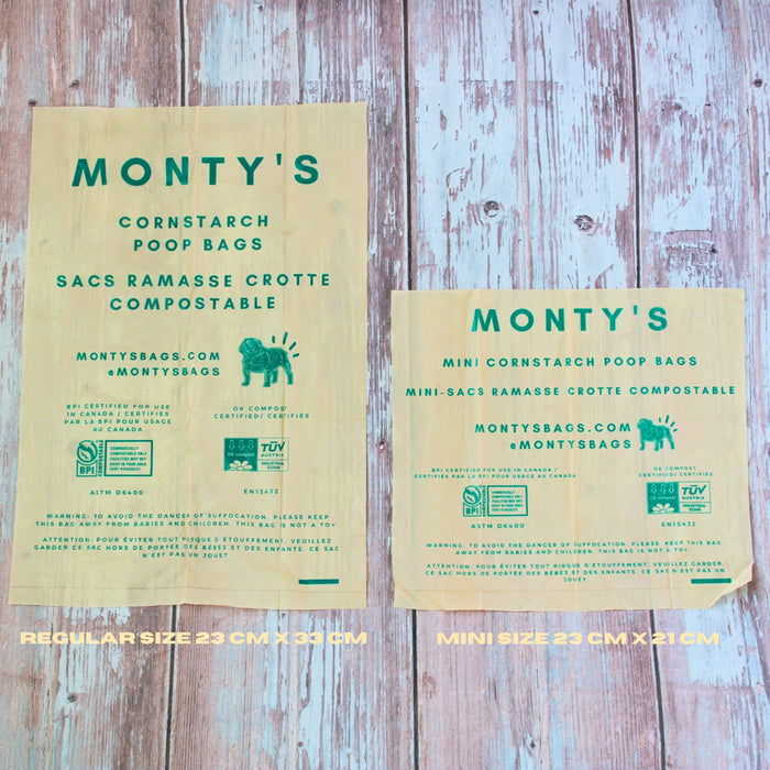 Size comparison. Eco-friendly, biodegradable and compostable dog poop bags! The mini cornstarch poop bags have been designed to offer a more sustainable and eco-friendly alternative to conventional plastic pet waste bags.