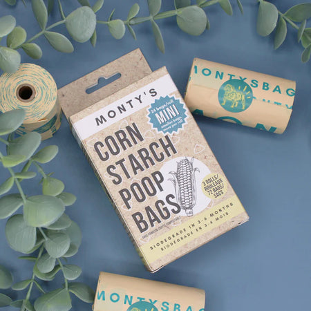 eco-friendly, biodegradable and compostable dog poop bags! The mini cornstarch poop bags have been designed to offer a more sustainable and eco-friendly alternative to conventional plastic pet waste bags.