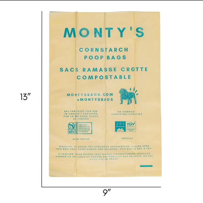 23x 33cm Eco-friendly, biodegradable and compostable dog poop bags! The mini cornstarch poop bags have been designed to offer a more sustainable and eco-friendly alternative to conventional plastic pet waste bags.