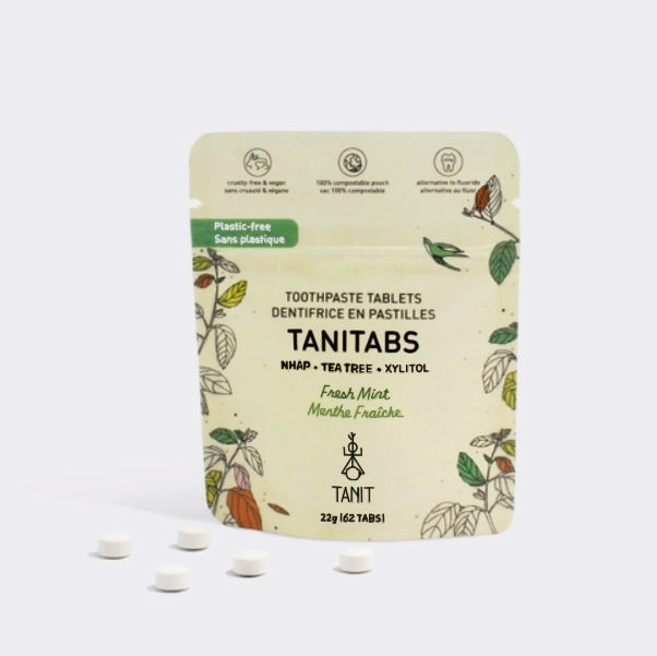 Brushing teeth has never been more fun and sustainable with TANIT Toothpaste Tablets! Chew into minty fresh breath and healthy natural ingredients for your oral hygiene. This refill packaging is sealable and compostable, and comes in 62 tabs.