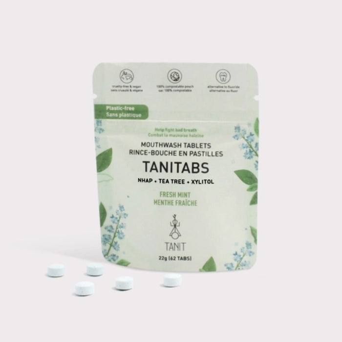 Oral care has never been convenient and sustainable with TANIT Mouthwash Tablets! Chew into minty fresh breath and healthy natural ingredients for your oral hygiene, take a sip of water, swish around your mouth for 30 seconds then spit it out. This refill packaging is sealable and compostable, and comes in 62 tabs.