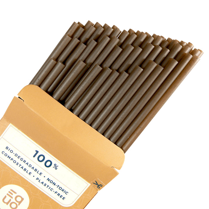 EQUO extra long coffee drinking straws in green box. Made with coffee grounds, 100% natural and compostable.