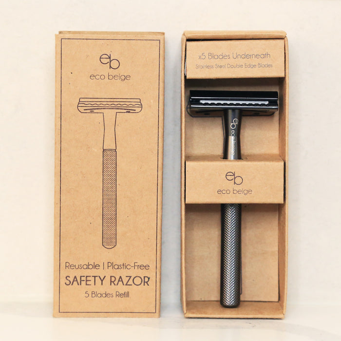 Matted black gold zinc alloy safety razor in kraft box packaging.