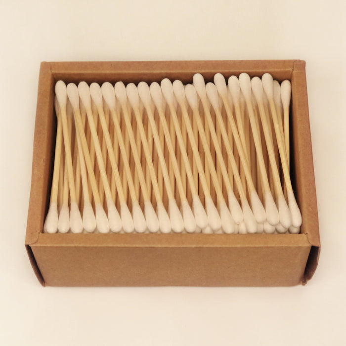 Box of eco-friendly 200pc cotton buds made with 100% biodegradable bamboo sticks. Plastic-free, compostable swabs.