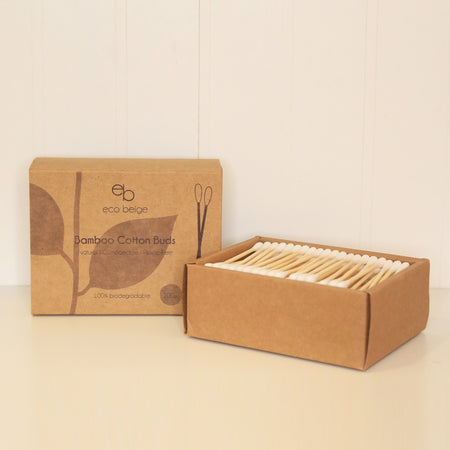 Box of eco-friendly 200pc cotton buds made with 100% biodegradable bamboo sticks. Plastic-free, compostable swabs.