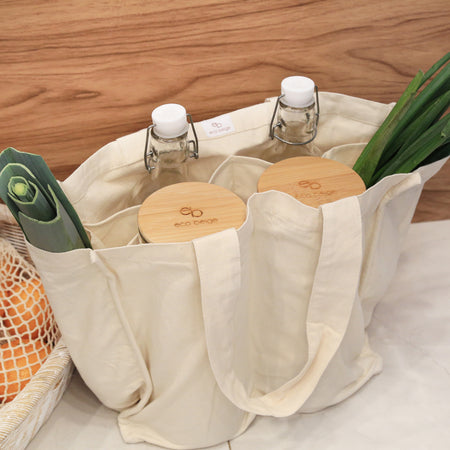 Eco Beige plain cotton grocery tote bag with 4 divider panels and 2 side deep pockets. Panels and pockets can hold jars, bottles, and fresh vegetables.