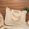 Eco Beige plain cotton grocery tote bag with 4 divider panels and 2 side deep pockets. Panels and pockets can hold jars, bottles, and fresh vegetables.