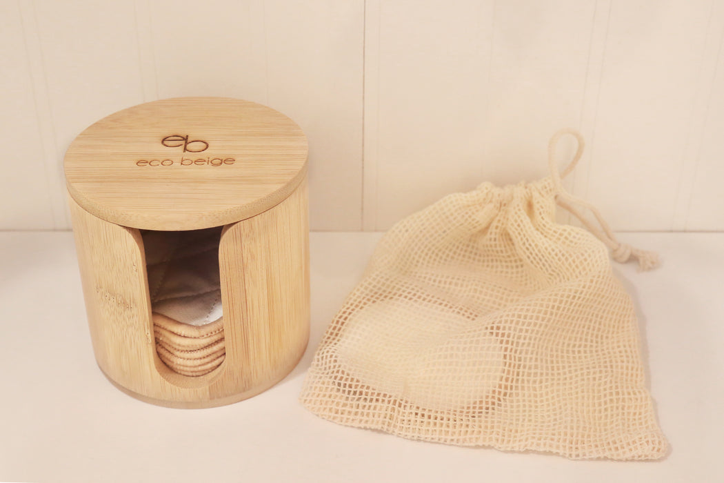 10pc double sided and quilted reusable cotton rounds with bamboo case and a mesh washing bag.