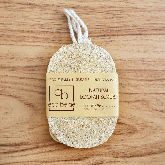 Eco Beige natural loofah scrubs set of 3 with shapes: Oval, Rectangle, Droplet. Packaged in plastic-free Kraft paper.