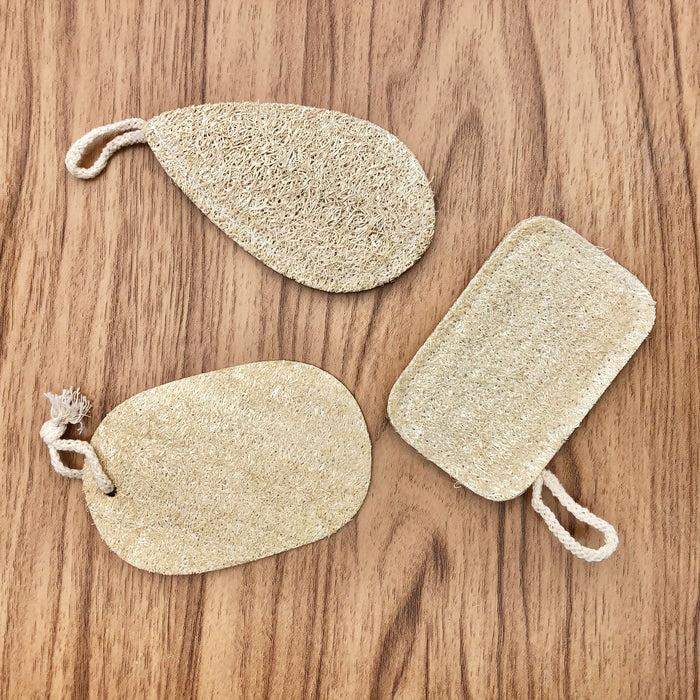 Eco Beige natural loofah scrubs set of 3 with shapes: Oval, Rectangle, Droplet.