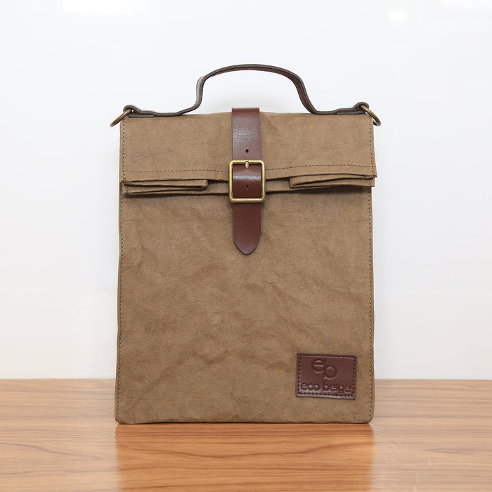 Paper Leather or Washable Paper is a thick and durable fabric made from 100% paper and fully compostable! Best of all, it is foldable, washable, and tear-free!! The more you wash, the sturdier the fiber becomes! A lunch bag or call it a cross shoulder bag that can be used on a day-to-day basis! Comes with a adjustable and removable shoulder strap for usage flexibility.