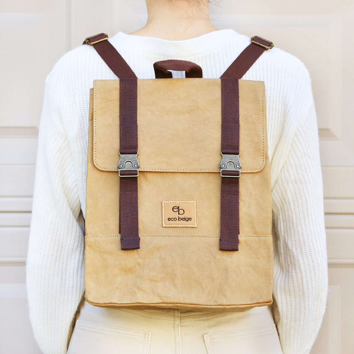 beige genuine leather backpack Paper Leather Travel Backpack