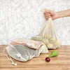 Eco Beige Natural Produce Bags set of 3, holding fresh fruits and veggies. Sizes: 25x30cm/30x32cm/32x40cm