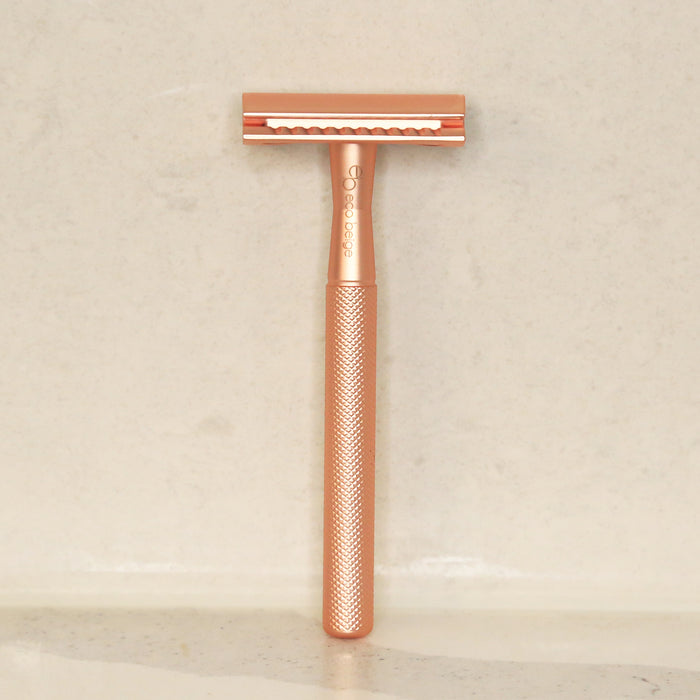 Zinc Alloy matt Rose Gold reusable safety razor with eco beige engraved. Minimal, feminine, waterproof, zerowaste.