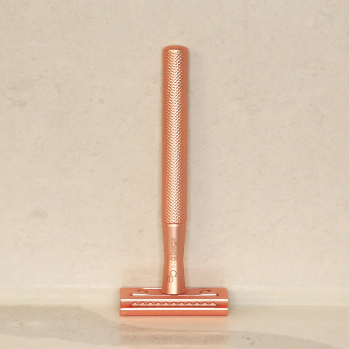 Zinc Alloy matt Rose Gold reusable safety razor with eco beige engraved. Minimal, feminine, waterproof, zerowaste.