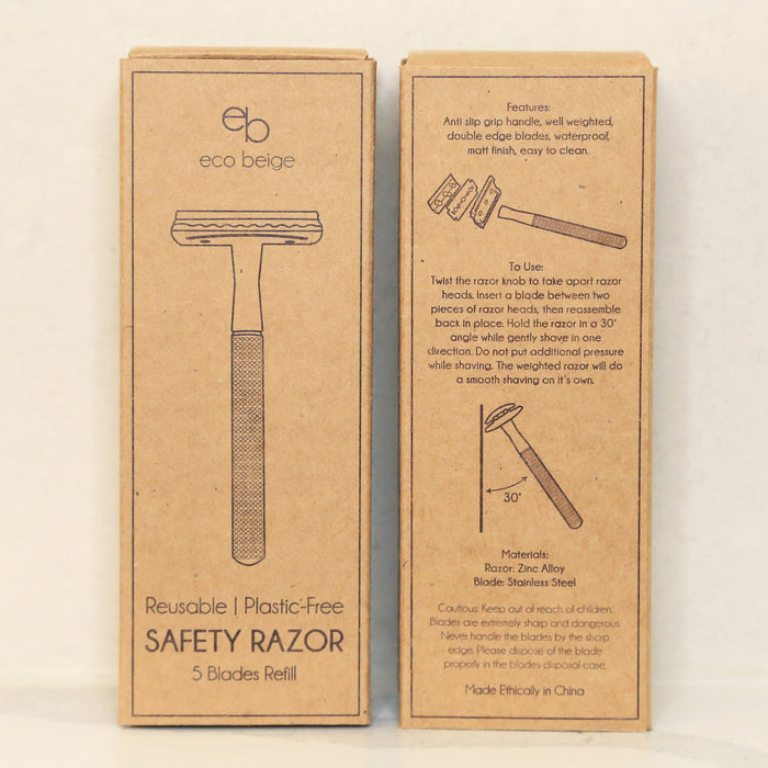 Matted zinc alloy safety razor in kraft box packaging. with full instructions