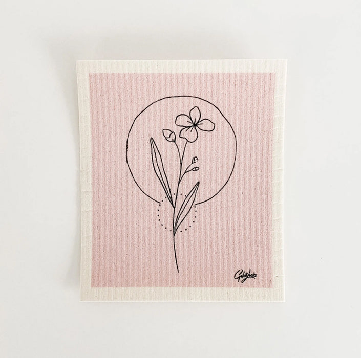 Pink Wildflower print on white reusable Swedish sponge cloth . Replaces 17 paper towel rolls, highly absorbent and fully compostable.