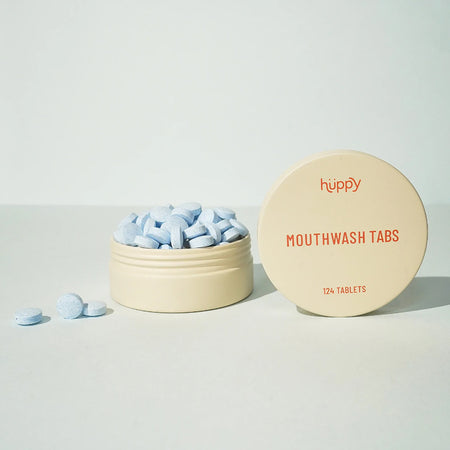 Huppy Mouthwash Tablets made with Cool Mint have completely eliminated the need for plastic bottles that contain harsh ingredients and mostly water. Our mouthwash tablets fight bad breath while at-home or on-the-go and balance the mouth's pH levels.