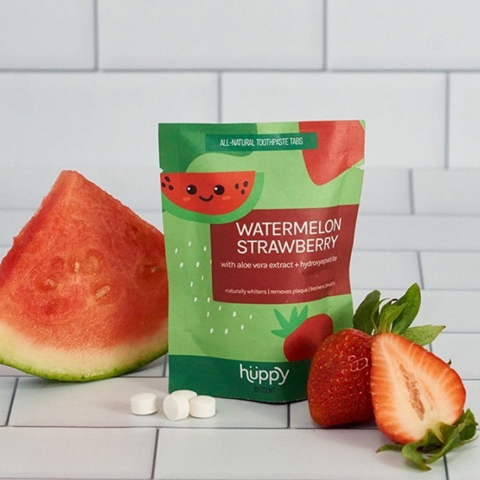 Huppy Natural toothpaste tablet watermelon strawberry flavour refill in compostable packaging.