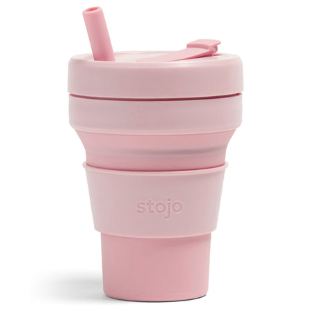 Carnation pink color Stojo cup in 16oz. Front view in white background.