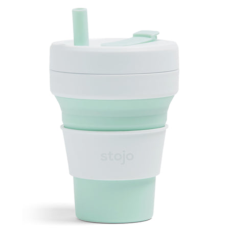 Mint color Stojo cup in 16oz. Front view in white background.
