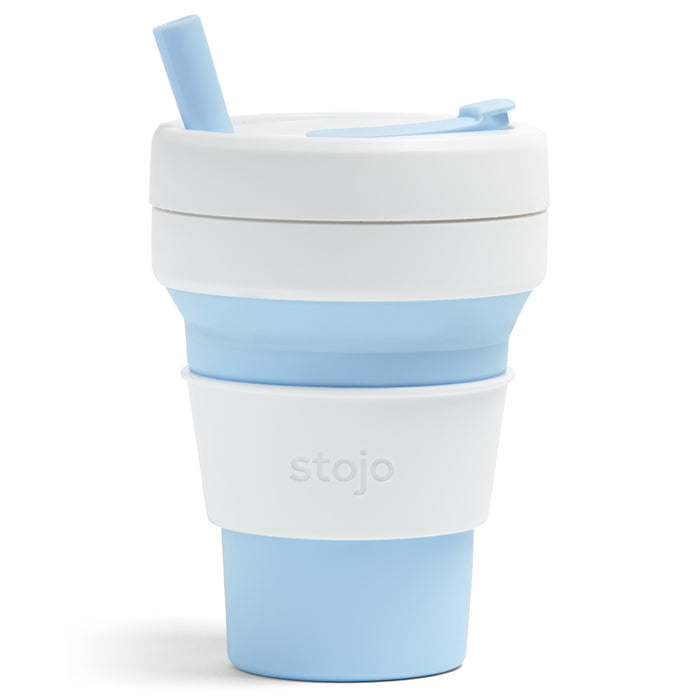 Sky color Stojo cup in 16oz. Front view in white background.