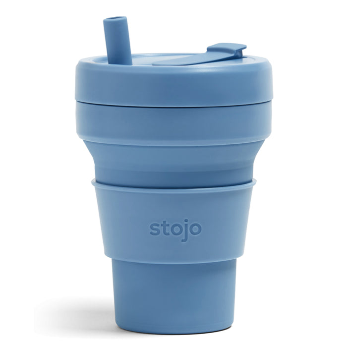 Steel blue color Stojo cup in 16oz. Front view in white background.