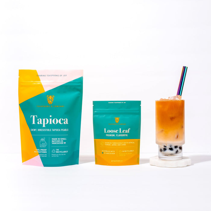 Teaspoon Co. at home boba box. Lychee Black Tea bubble tea kit for 10 servings.