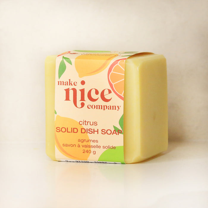 Make Nice Company Solid Dish Soap with a fresh and fruity scent, the perfect blend of sweet and sour citrus. 