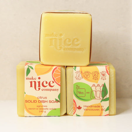 Make Nice Company Solid Dish Soap with a fresh and fruity scent, the perfect blend of sweet and sour citrus.  One soap replaces 3 bottle of liquid detergent.