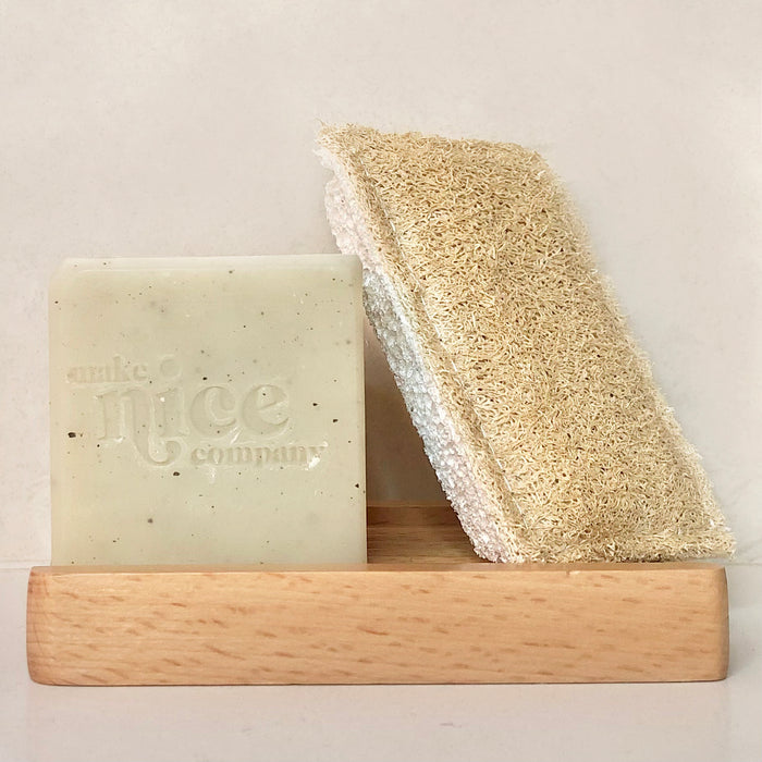 Eucalyptus scented natural solid dish soap from Make Nice Company. Eco Beige Natural Dual sided soap tray and Wood Cotton Cellulose Dish Sponge with loofah scourer side.